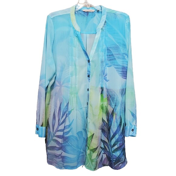 Soft Surroundings lone Semi-Sheer Chiffon Blue Printed Button-Up Tunic Size L - Picture 1 of 6